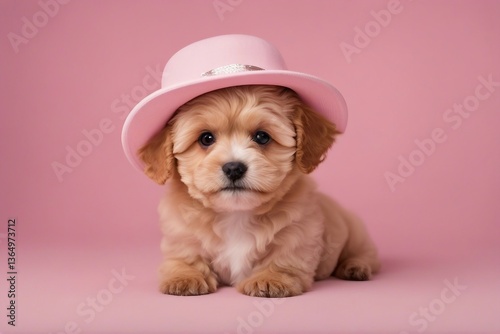 Adorable Maltipoo Puppy Wearing a Cute Hat, Posing Playfully Against a Soft Light Pink Background. Generative AI