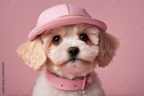 Adorable Maltipoo Puppy Wearing a Cute Hat, Posing Playfully Against a Soft Light Pink Background. Generative AI
