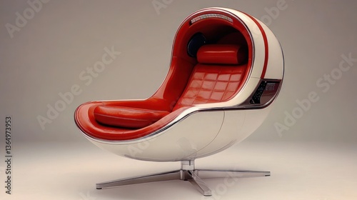 Red and white egg-shaped chair with a swivel base. Modern and stylish design
