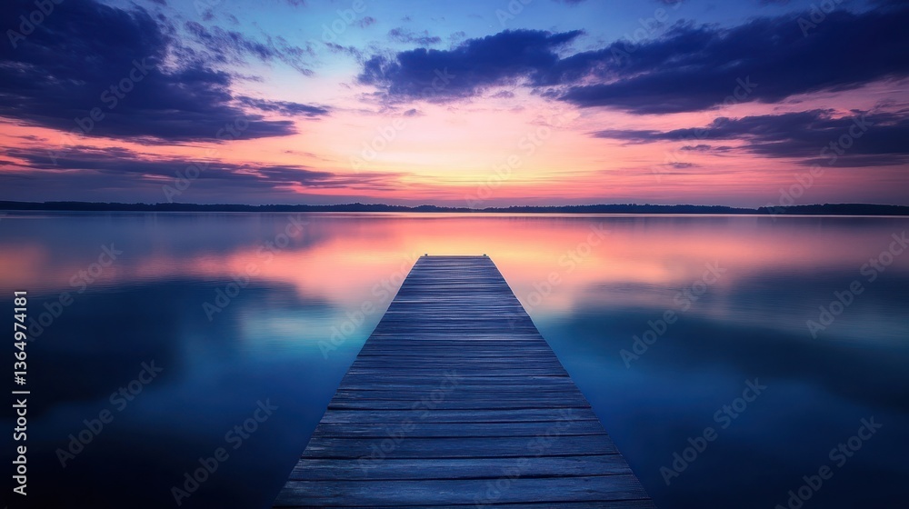 Naklejka premium Peaceful Wooden Dock at Sunset Lake Reflections