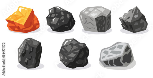 Clip art hand drawn simplistic illustration of different coals, minerals, stones or rocks set. Cartoon game art rocks and stones