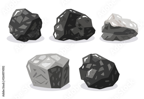 Clip art hand drawn simplistic illustration of different coals, minerals, stones or rocks set. Cartoon game art rocks and stones