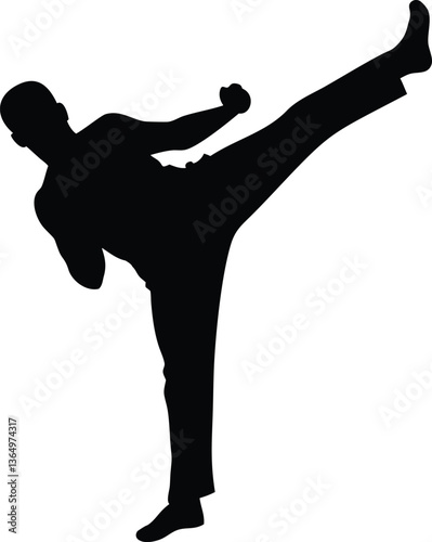 Black and white silhouette of karate master in defensive stance, ideal for logos, branding, and digital artwork.