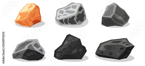 Clip art hand drawn simplistic illustration of different coals, minerals, stones or rocks set. Cartoon game art rocks and stones