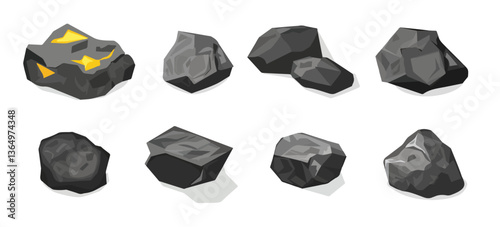 Clip art hand drawn simplistic illustration of different coals, minerals, stones or rocks set. Cartoon game art rocks and stones