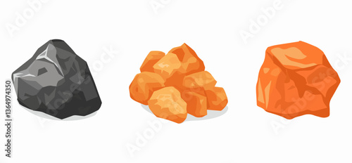 Clip art hand drawn simplistic illustration of different coals, minerals, stones or rocks set. Cartoon game art rocks and stones