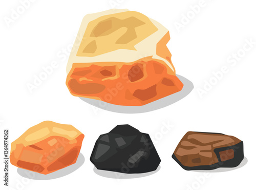 Clip art hand drawn simplistic illustration of different coals, minerals, stones or rocks set. Cartoon game art rocks and stones