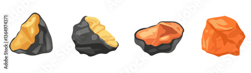 Clip art hand drawn simplistic illustration of different coals, minerals, stones or rocks set. Cartoon game art rocks and stones