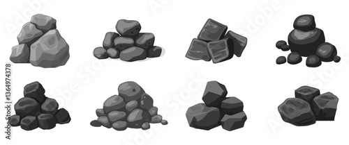 Clip art hand drawn simplistic illustration of different coals, minerals, stones or rocks set. Cartoon game art rocks and stones