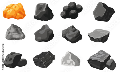 Clip art hand drawn simplistic illustration of different coals, minerals, stones or rocks set. Cartoon game art rocks and stones