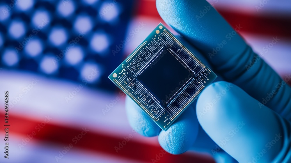 Microchip with American Flag Background Representing US Semiconductor Technology and Innovation