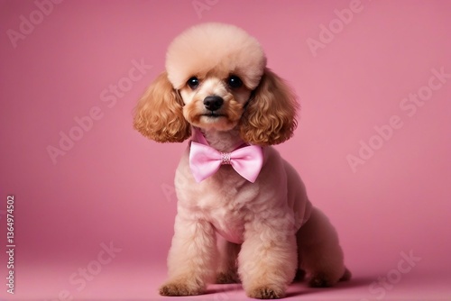 Lovely poodle with a cute bow, against a soft pink background. Generative AI