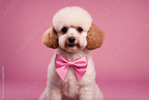 Lovely poodle with a cute bow, against a soft pink background. Generative AI