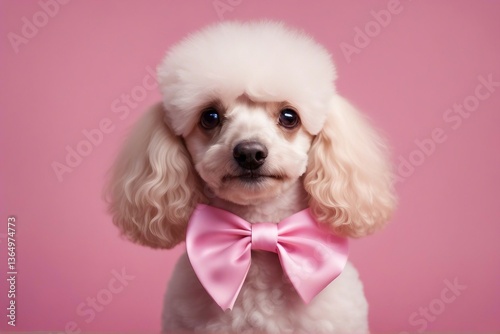 Lovely poodle with a cute bow, against a soft pink background. Generative AI