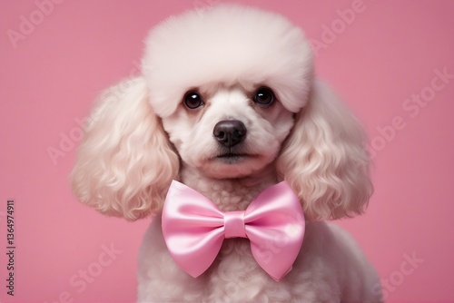 Lovely poodle with a cute bow, against a soft pink background. Generative AI