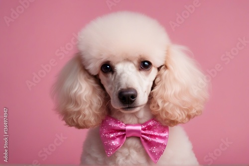 Lovely poodle with a cute bow, against a soft pink background. Generative AI