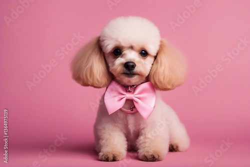 Lovely poodle with a cute bow, against a soft pink background. Generative AI