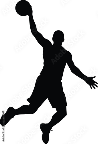 Black and white silhouette of basketball player dunking, ideal for logos, branding, and digital artwork.