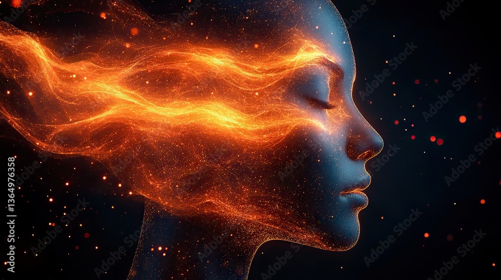 Face dissolving human profile symbolizes information overload, mental stress. Face dissolving human profile symbolizes information overload, mental stress.