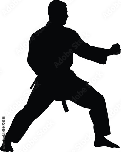 Black and white silhouette of karate master in defensive stance, ideal for logos, branding, and digital artwork.