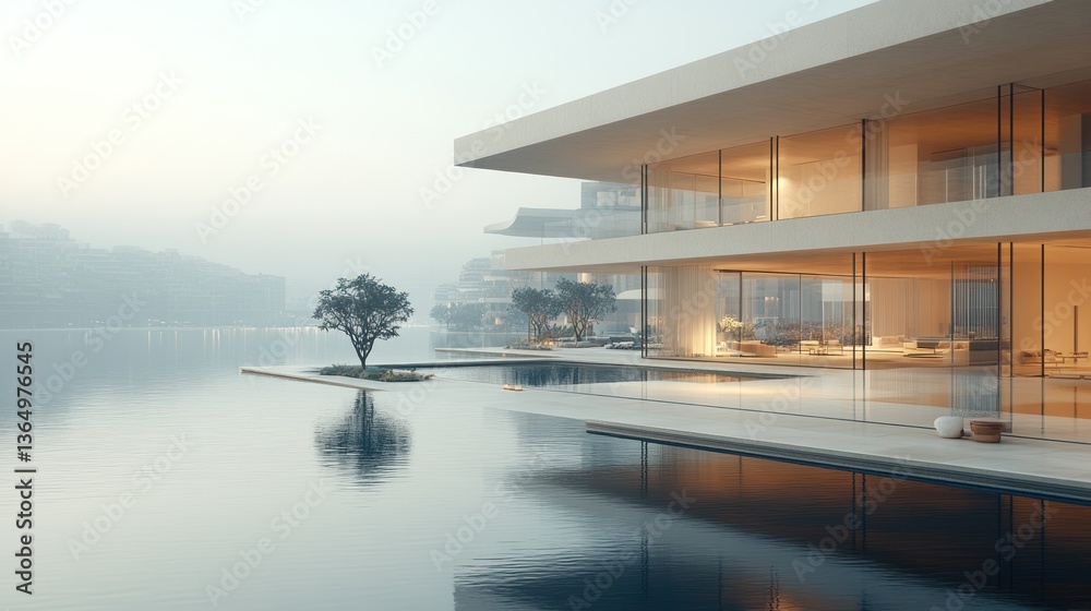 Fototapeta premium Modern lakeside house with infinity pool, minimalist design, tranquil setting