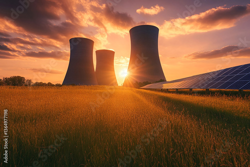 Sunset scene with three cooling towers and solar panels in a grassy field, showcasing renewable and non-renewable energy sources together, symbolizing energy transition and sustainability