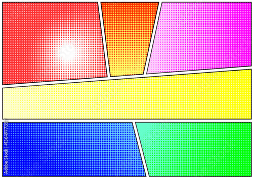 Vibrant Comic Strip Template: A modern comic strip layout featuring a vivid mix of colors and geometric panel arrangements, perfect for illustrating creative stories.