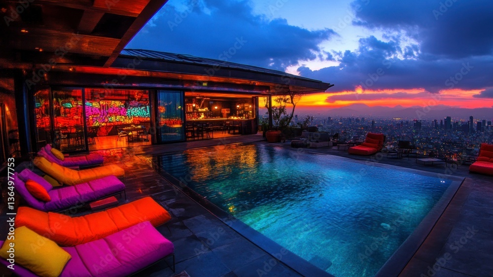 Fototapeta premium Rooftop pool and lounge with city sunset view
