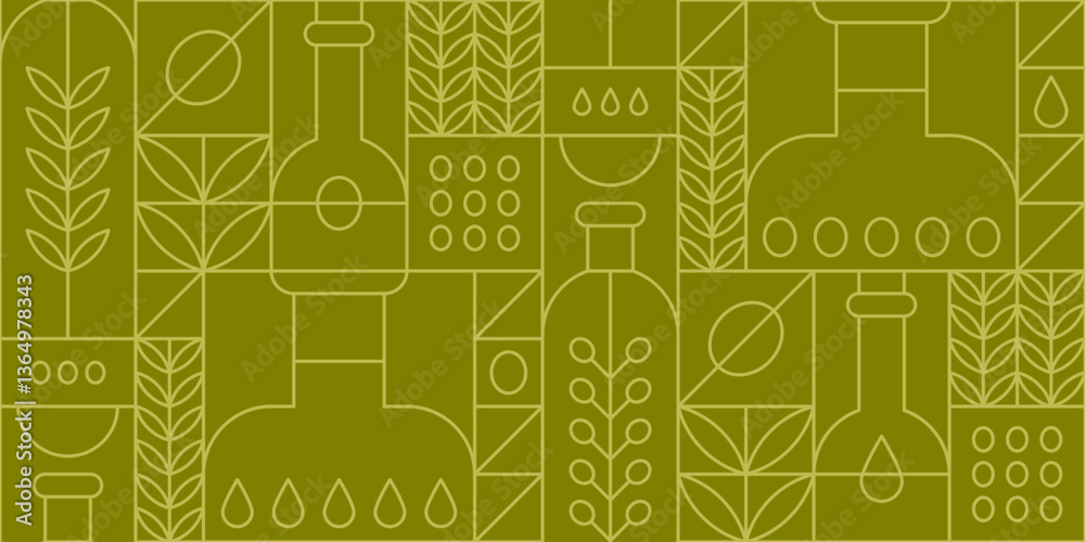 Green geometric seamless pattern with olive oil in bottles, fruits and tree leaves. Vector outline abstract background in modern line art style with Mediterranean virgin cooking oil and branches