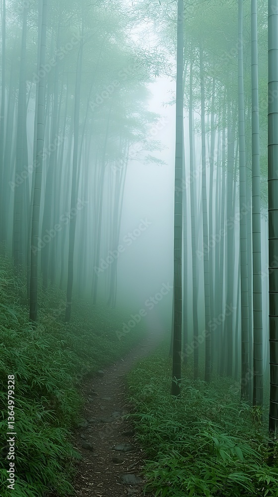 Naklejka premium A misty path meanders through a grove of tall bamboo trees