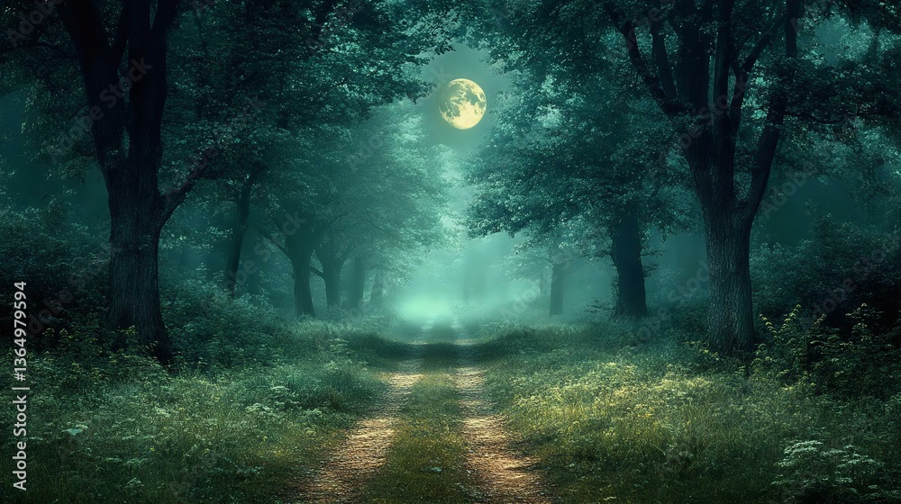 Fototapeta premium A serene moonlit path through a misty forest, evoking a sense of mystery and tranquility in nature's beauty.