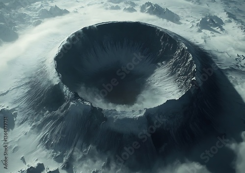 Aerial view shows a large volcanic caldera covered in snow photo