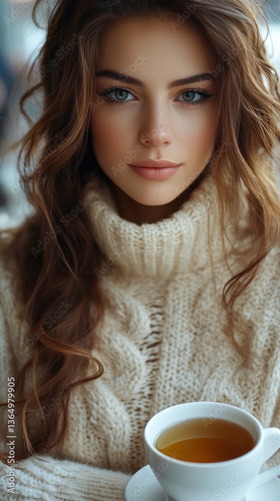 custom made wallpaper toronto digitalWoman with long brown hair in a cream sweater, holding a cup of tea