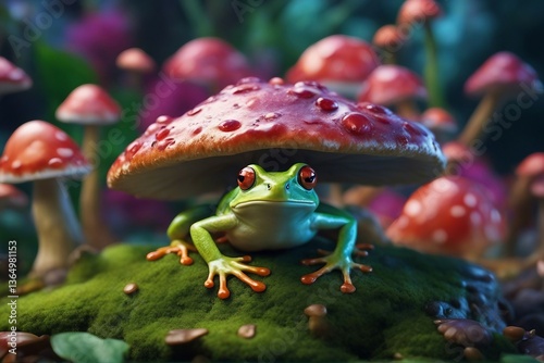 A brightly colored, trippy frog resting on a mushroom. Generative AI