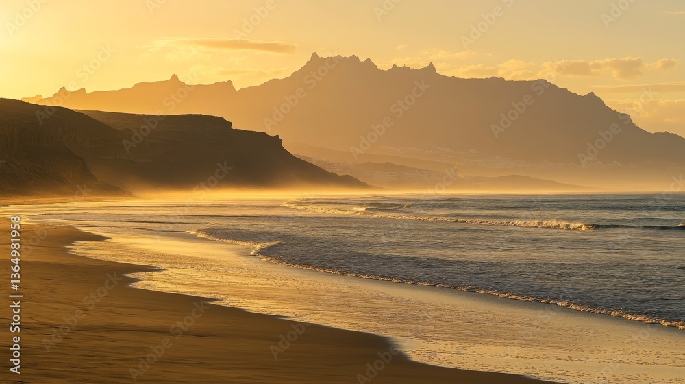 Golden hour view of beach and coastline with mountains in the background, puerto de la aldea, gran canaria, canary islands, spain.

