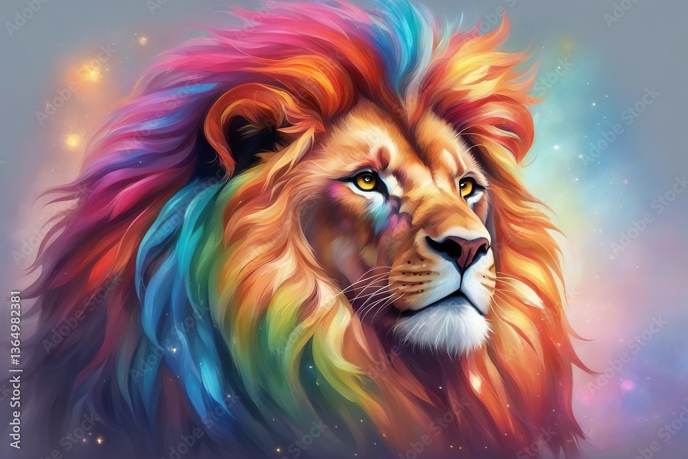 Fototapeta An illustration of a lion with a vibrant, multicolored rainbow mane. Generative AI