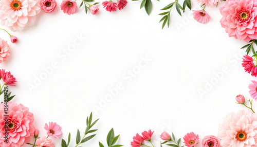 Floral frame with pink flowers and greenery on a white background  