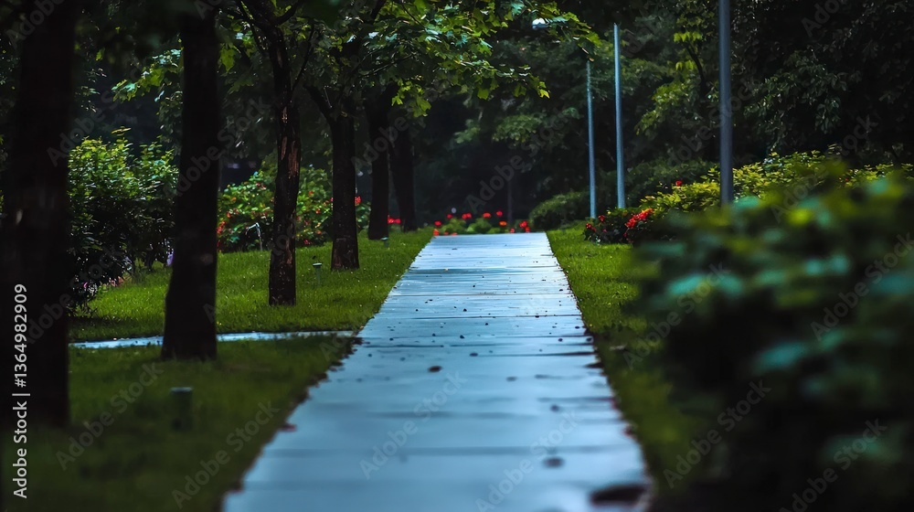 Obraz premium Serene Park Path Lush Greenery Flowers Tranquil Walkway