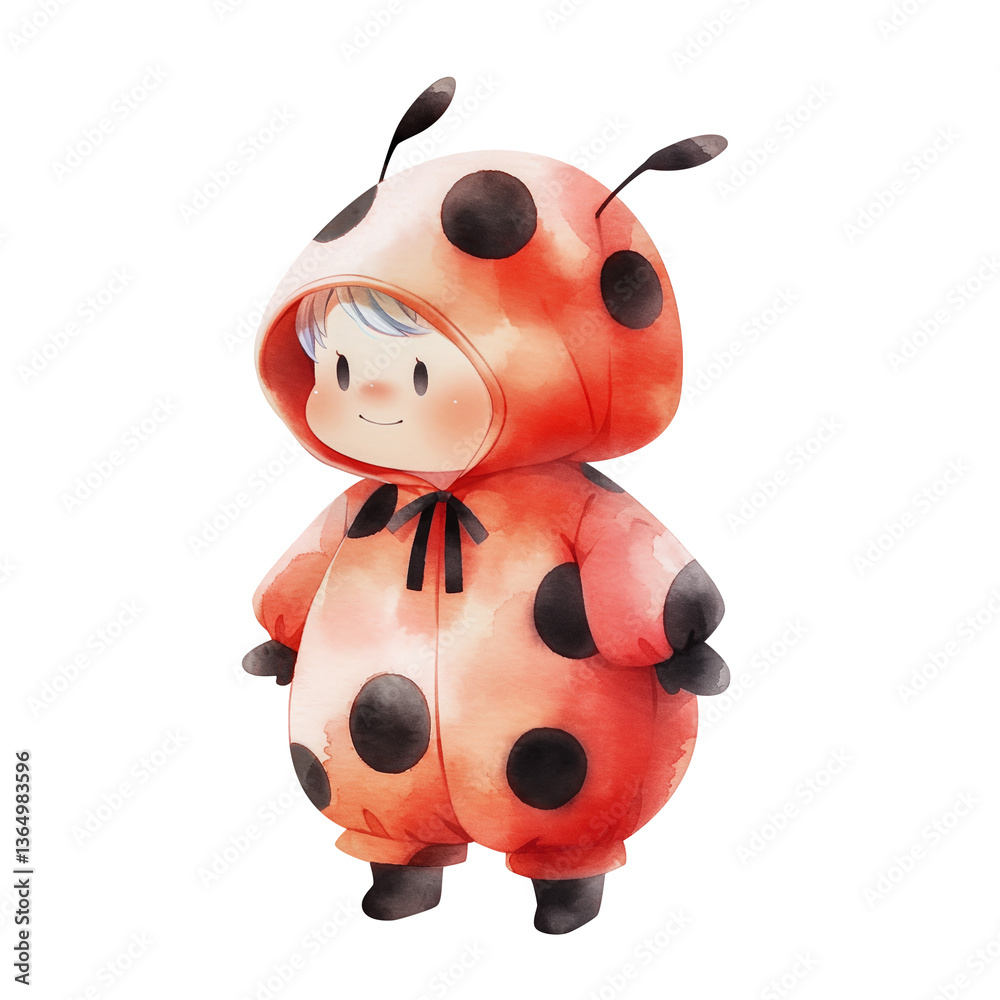 Naklejka premium Smiling child in ladybug costume, cute watercolor illustration. Kawaii character in simple standing pose. Isolated clipart with clear even edge on transparent background