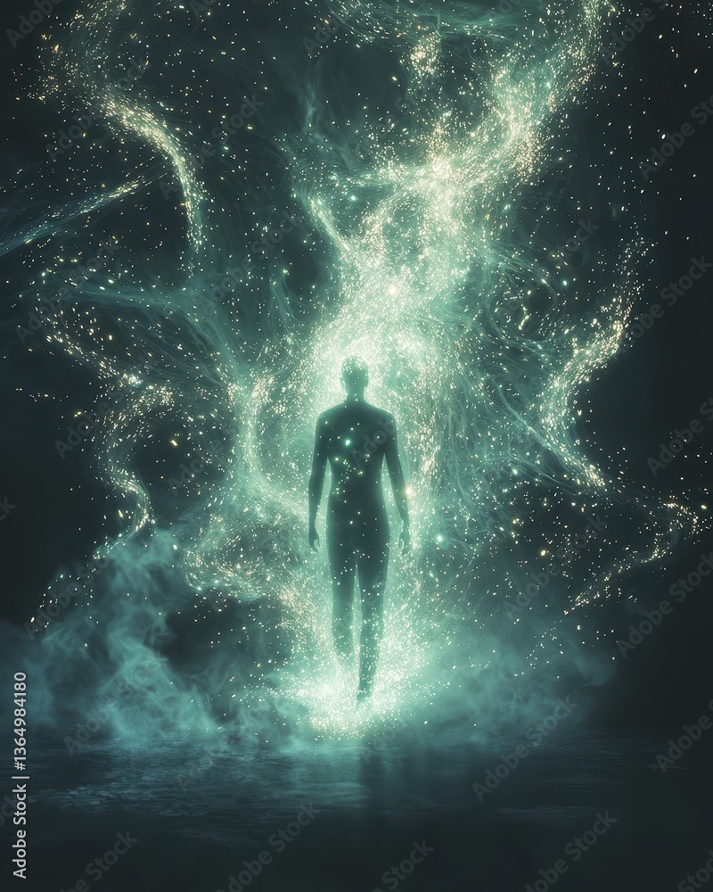 Fototapeta premium Ethereal Figure Emerges from Cosmic Energy in Dreamlike Space