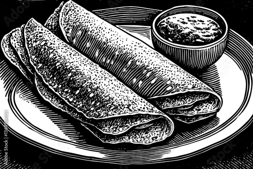 indian masala dosa food on plate black and white outline