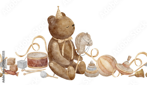 Watercolor border teddy bear sits playing vintage toys horse on a stick, drum, spinning top, cubes. Seamless banner for kids room isolated illustration for design cards parties birthdays invitations