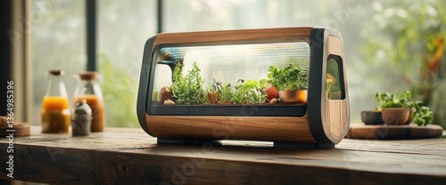 Indoor garden with various herbs and vegetables growing in a sleek, wooden enclosure