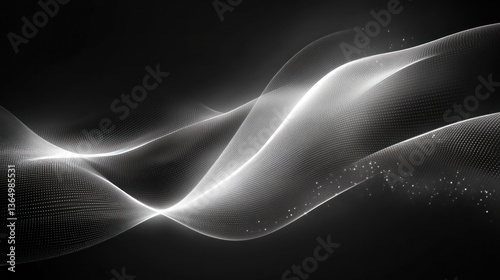 Abstract grayscale wave design; flowing, luminous lines on a dark background
