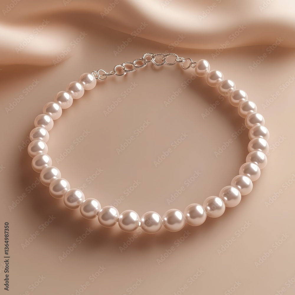 Fototapeta premium Elegant Pearl Necklace on Soft Draped Fabric Background