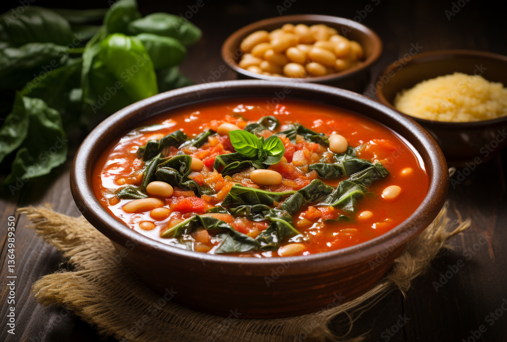 A Bowl of Tomato Soup with White Beans and Collard Greens A Bowl of Tomato Soup with White Beans and Collard Greens