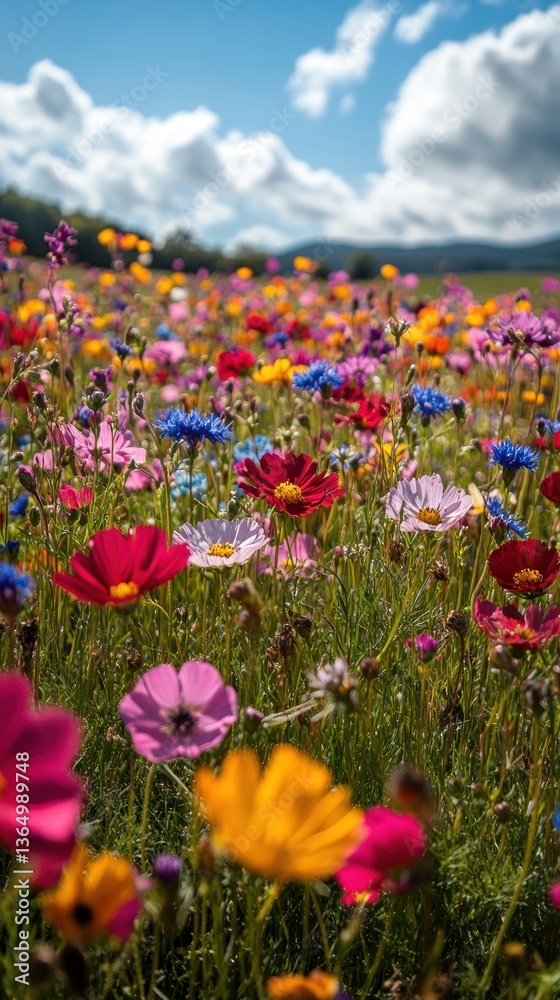 Obraz premium Vibrant wildflowers carpet a sunny field under a bright blue sky