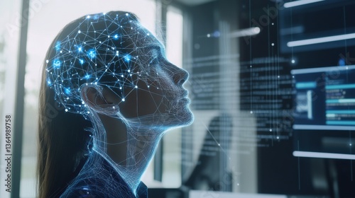 A machine learning researcher enhancing natural language processing systems for automatic transcription, office with data models and transcription software visible, High-tech style