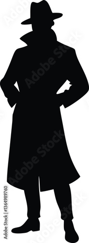 Black and white silhouette of detective in a trench coat, ideal for logos, branding, and digital artwork.