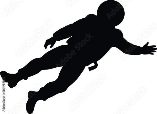 Black and white silhouette of astronaut floating in zero gravity, ideal for logos, branding, and digital artwork.